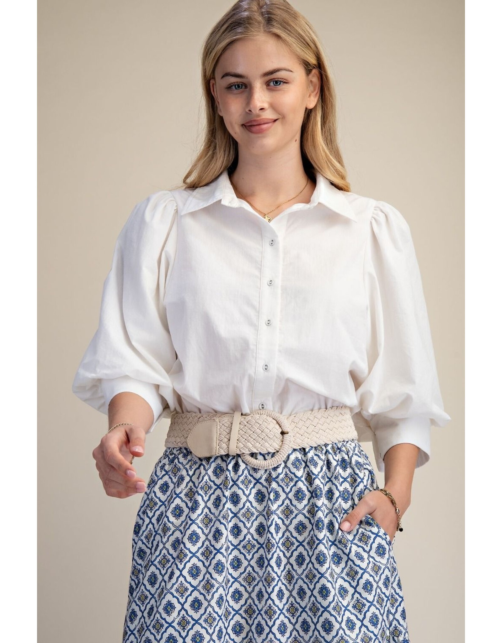 Whitney White Bubble 3/4 Sleeve Cotton Top with Scarf