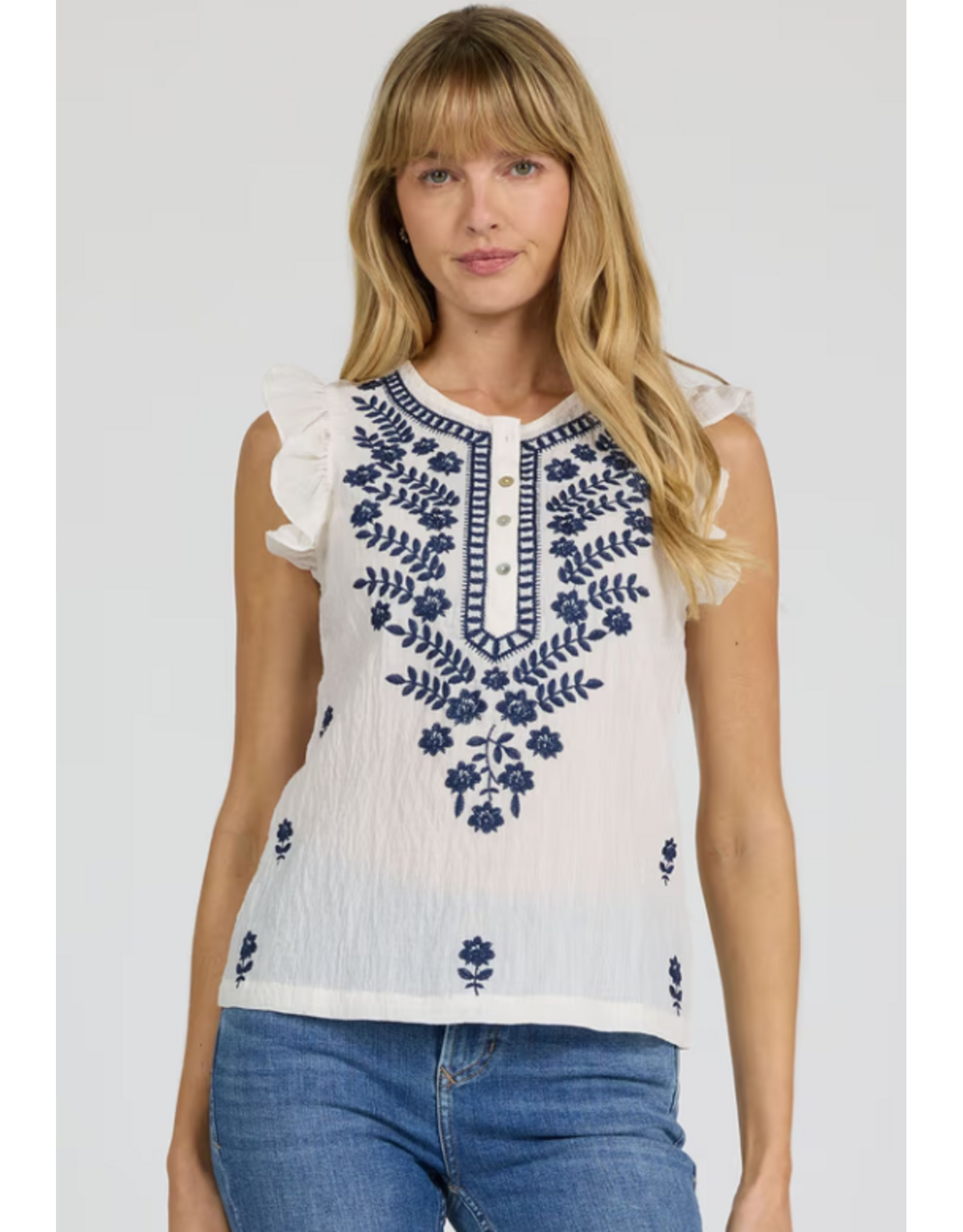 Dear John Denim Dear John Nicola Sleeveless Embroidered Henley Top Egret