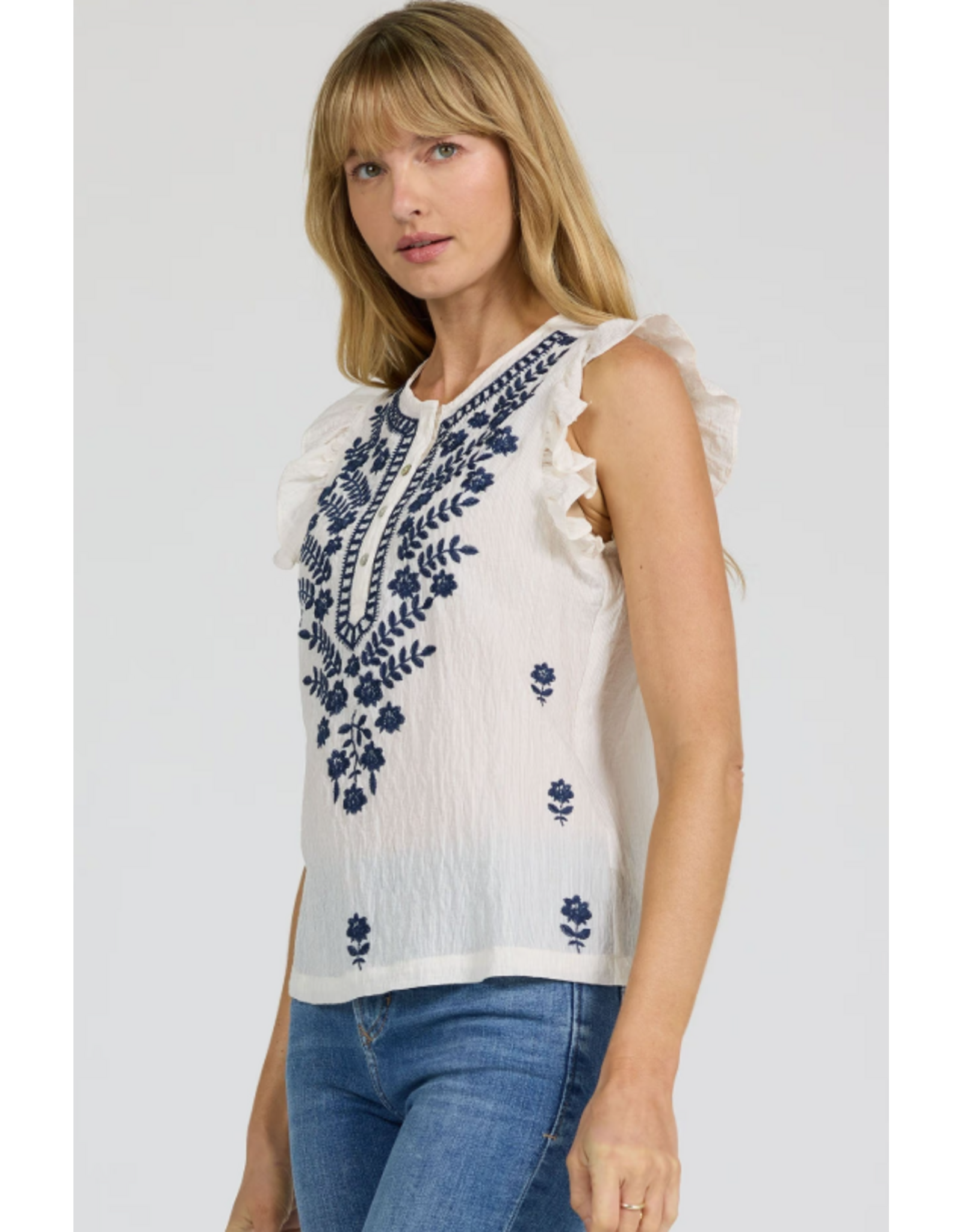 Dear John Denim Dear John Nicola Sleeveless Embroidered Henley Top Egret