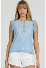 Dear John Denim Dear John Nicola Sleeveless Embroidered Henley Top Carolina Blue