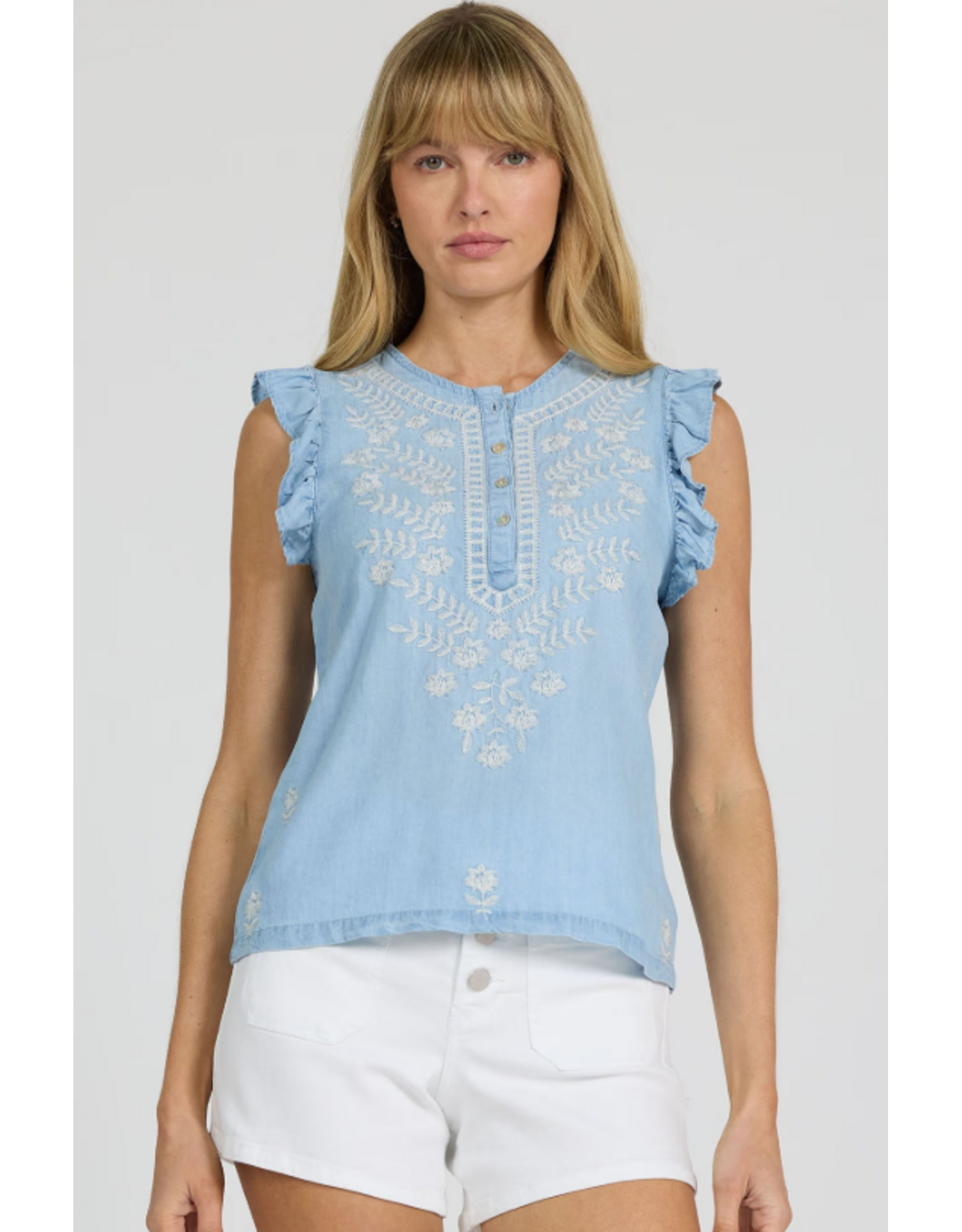 Dear John Denim Dear John Nicola Sleeveless Embroidered Henley Top Carolina Blue