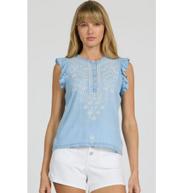 Dear John Denim Dear John Nicola Sleeveless Embroidered Henley Top Carolina Blue