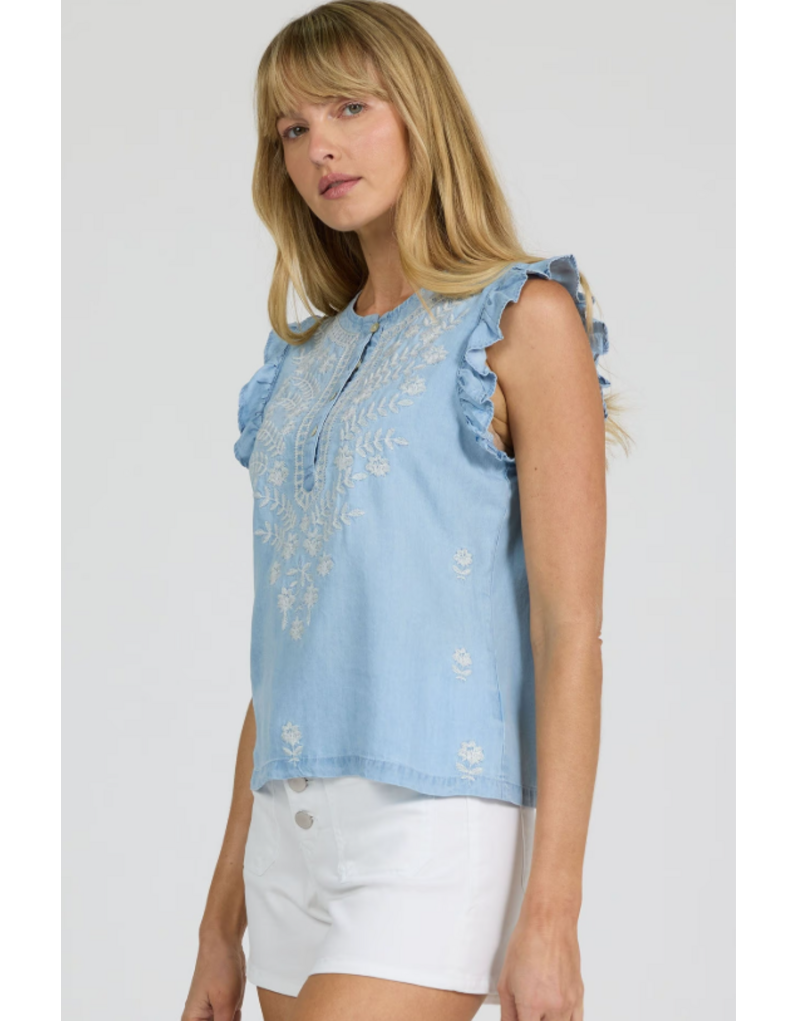 Dear John Denim Dear John Nicola Sleeveless Embroidered Henley Top Carolina Blue