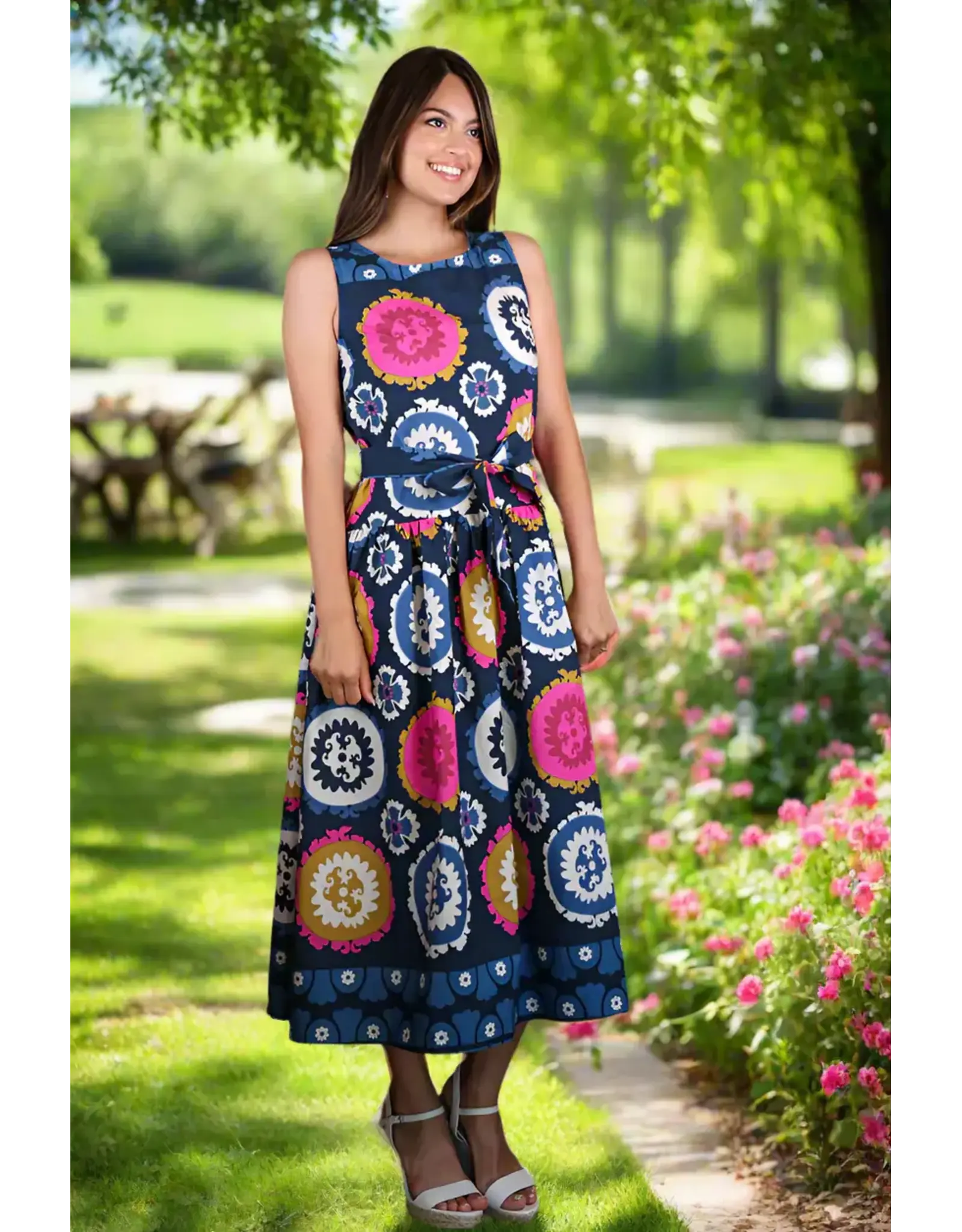 Luciana Navy Multi-Print Belted Tank Dress