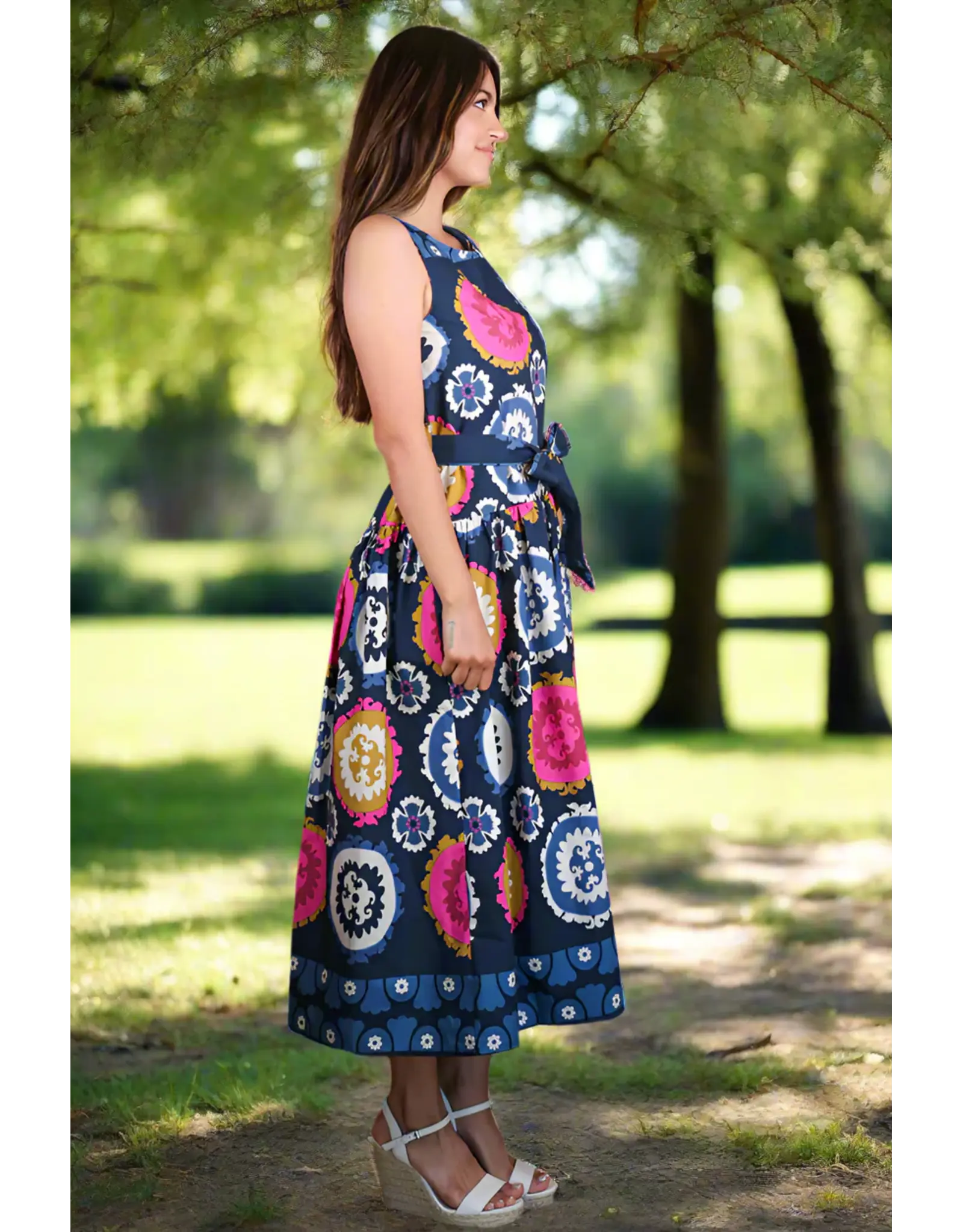 Luciana Navy Multi-Print Belted Tank Dress