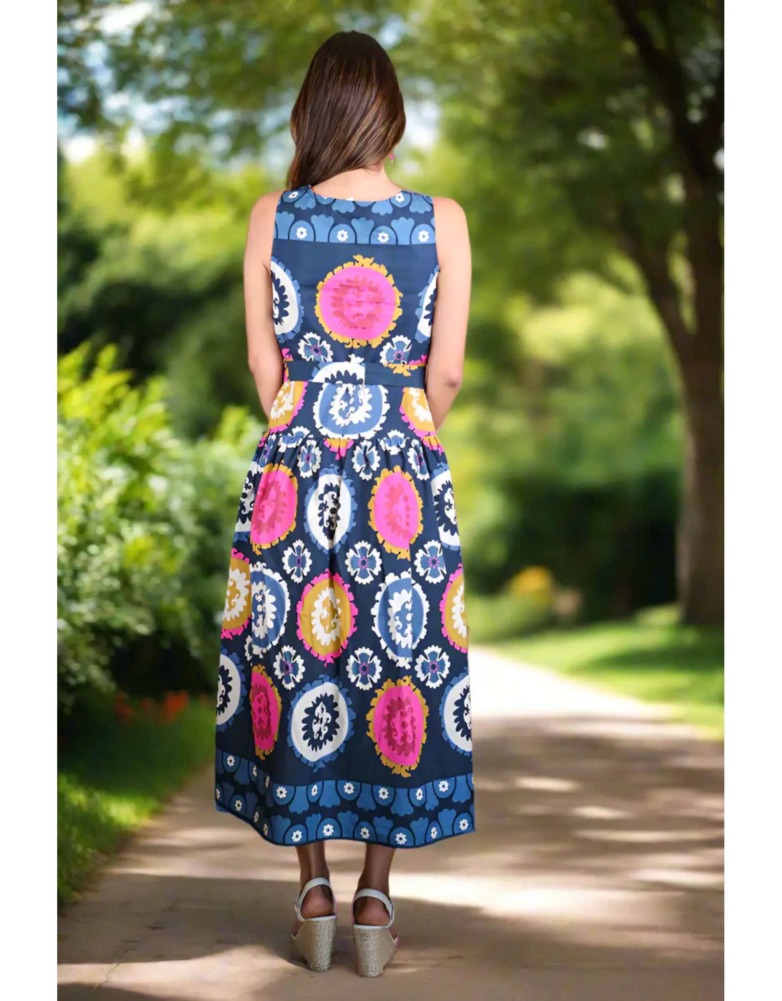 Luciana Navy Multi-Print Belted Tank Dress