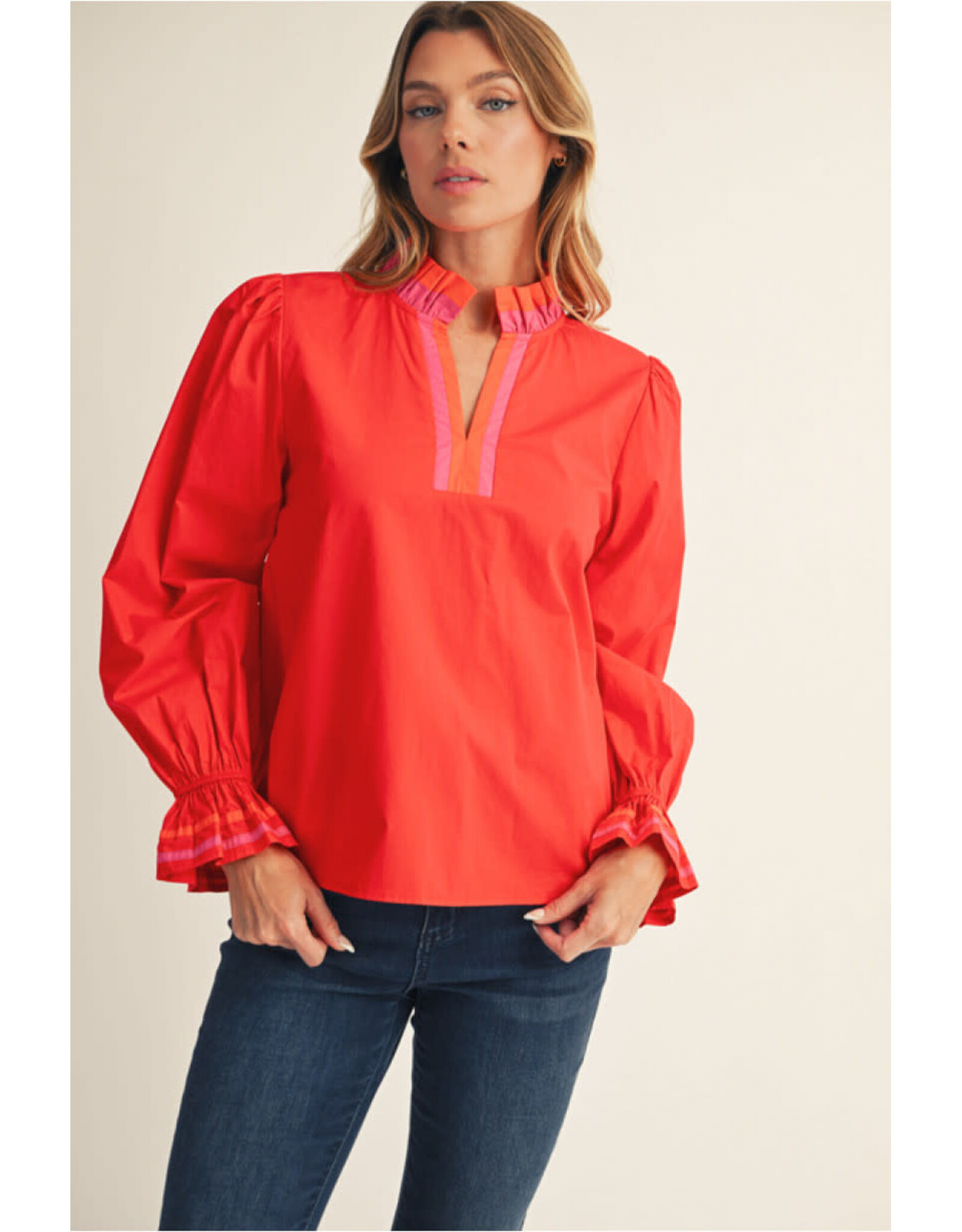 Angie Red Ruffle Long Puff Sleeve Top