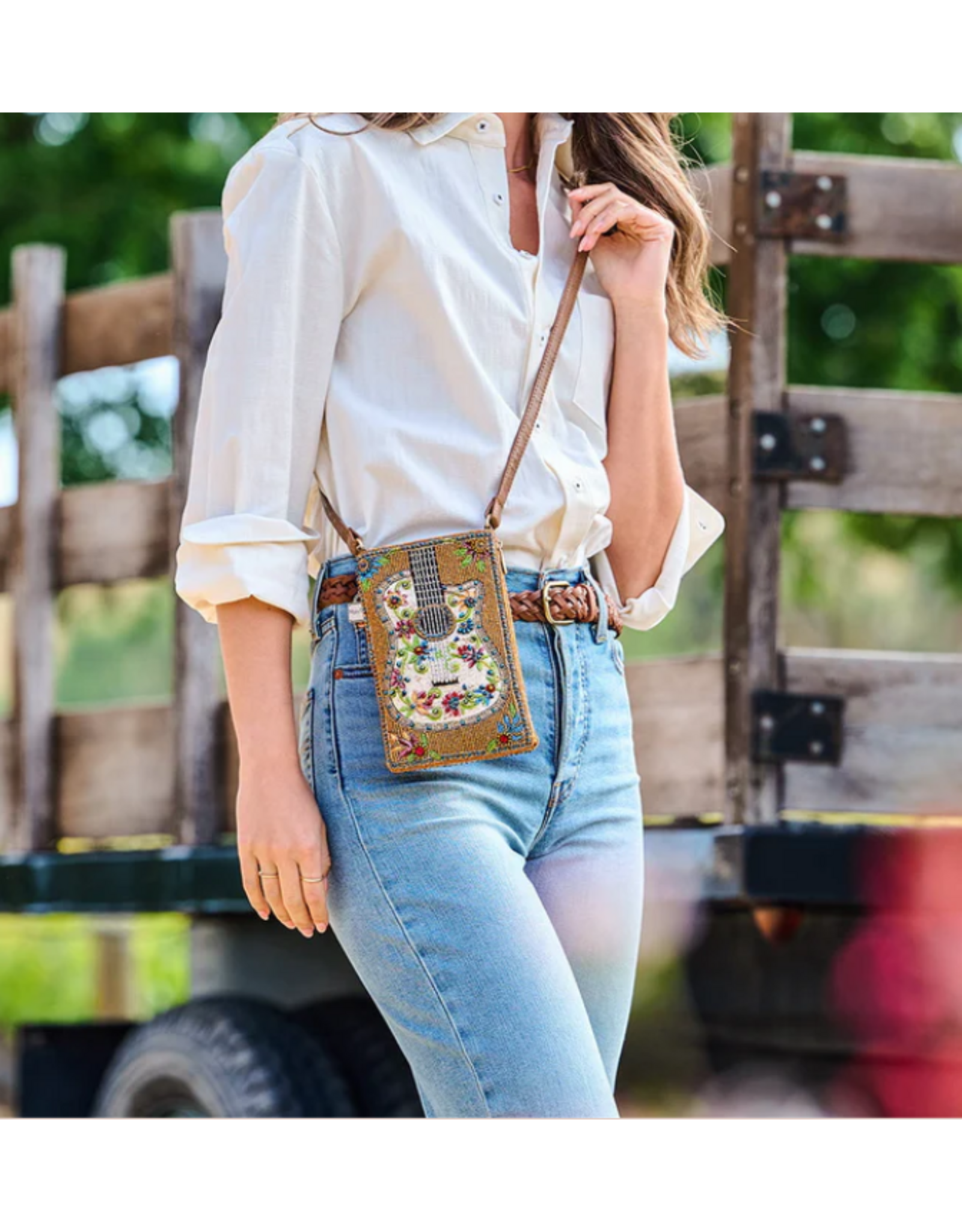 Garden Groove Ivory Guitar with Flowers Beaded Crossbody