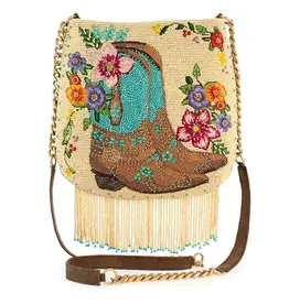 Line Dance Beaded Cowboy Boots and Flowers Crossbody Handbag