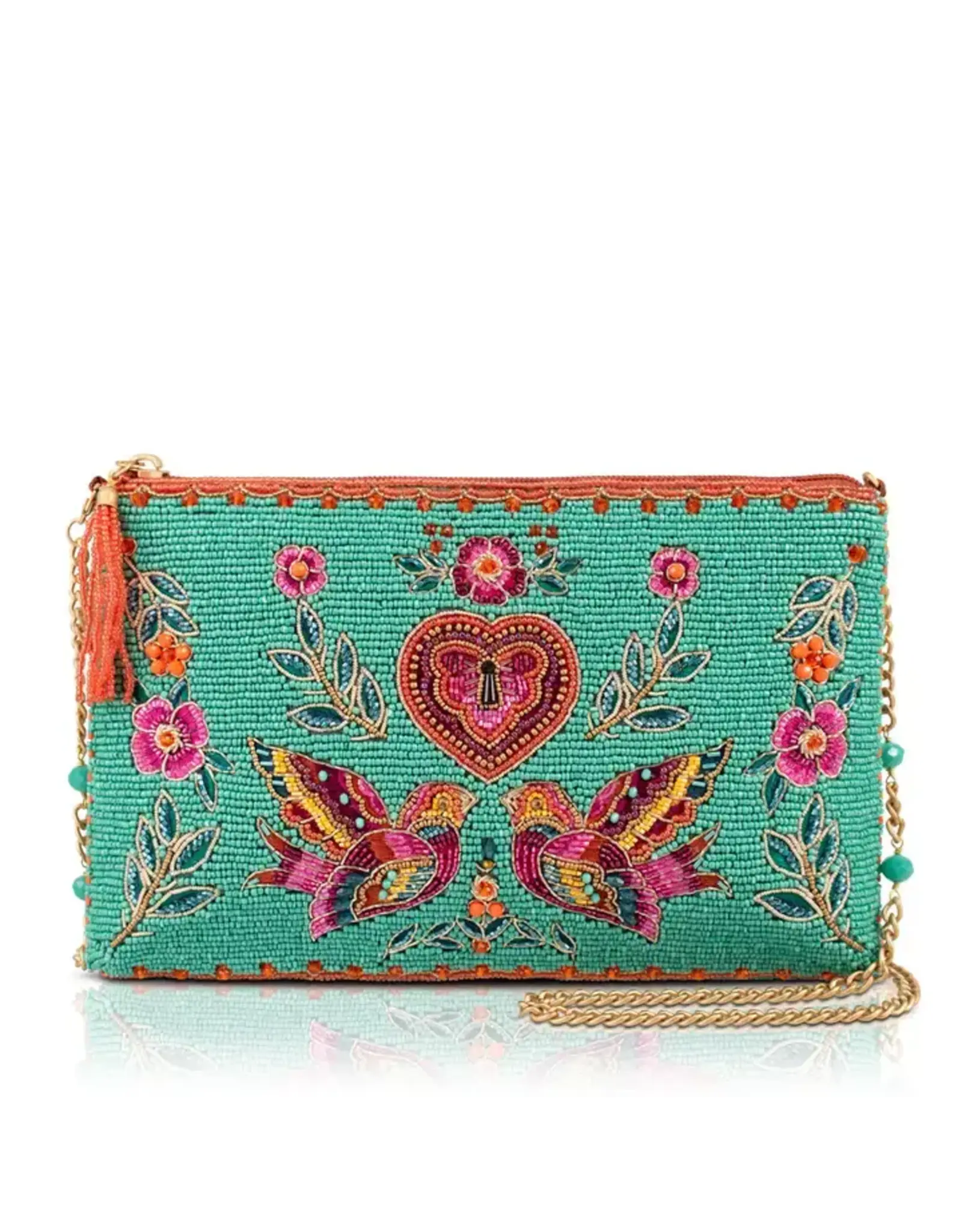 Two in Love Lovebirds and Heart On Turquoise Beaded Handbag