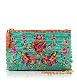 Two in Love Lovebirds and Heart On Turquoise Beaded Handbag