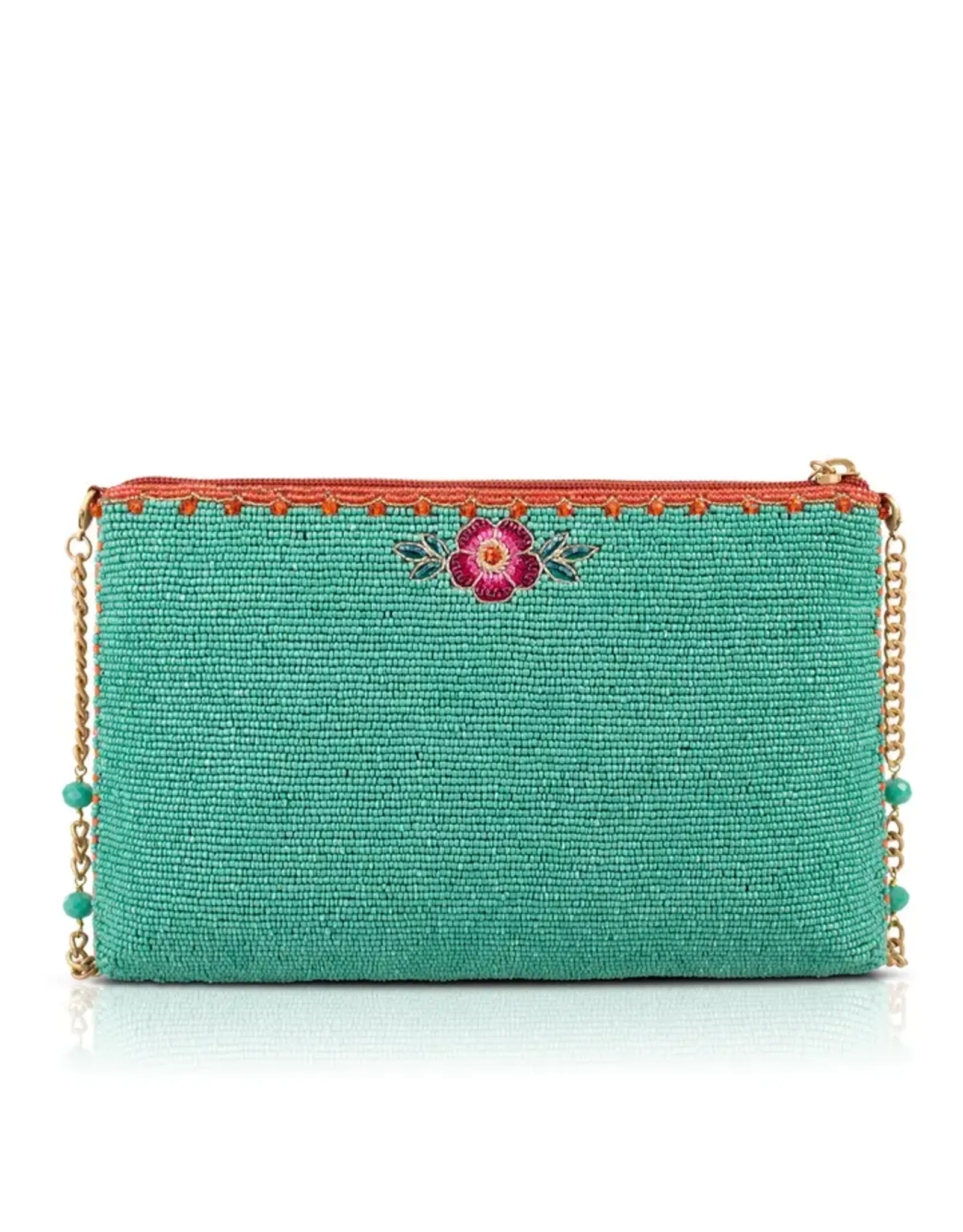 Two in Love Lovebirds and Heart On Turquoise Beaded Handbag