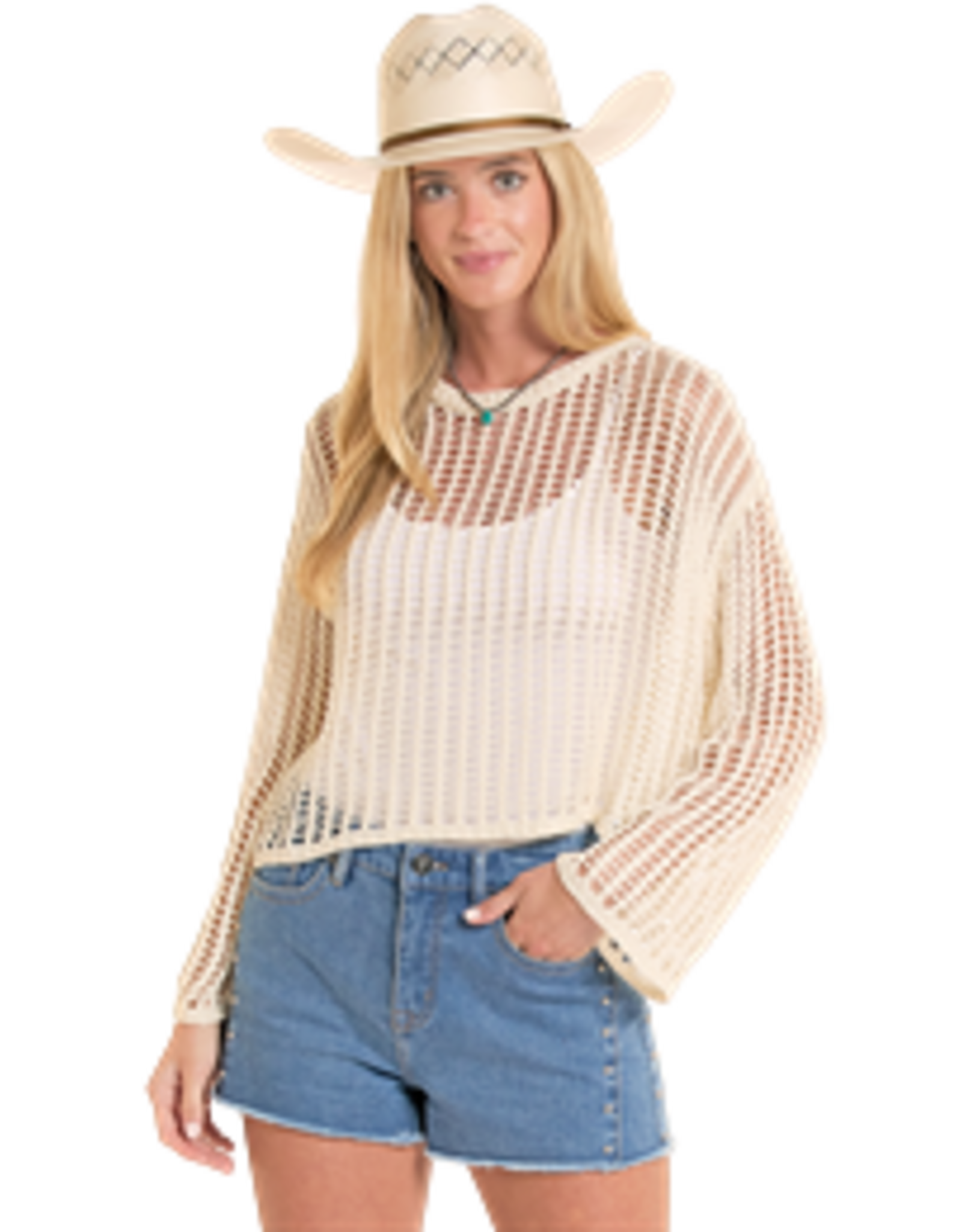 Rock & Roll Denim Open Knit Sweater Natural