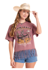 Rock & Roll Denim Graphic Fringe Top Brown