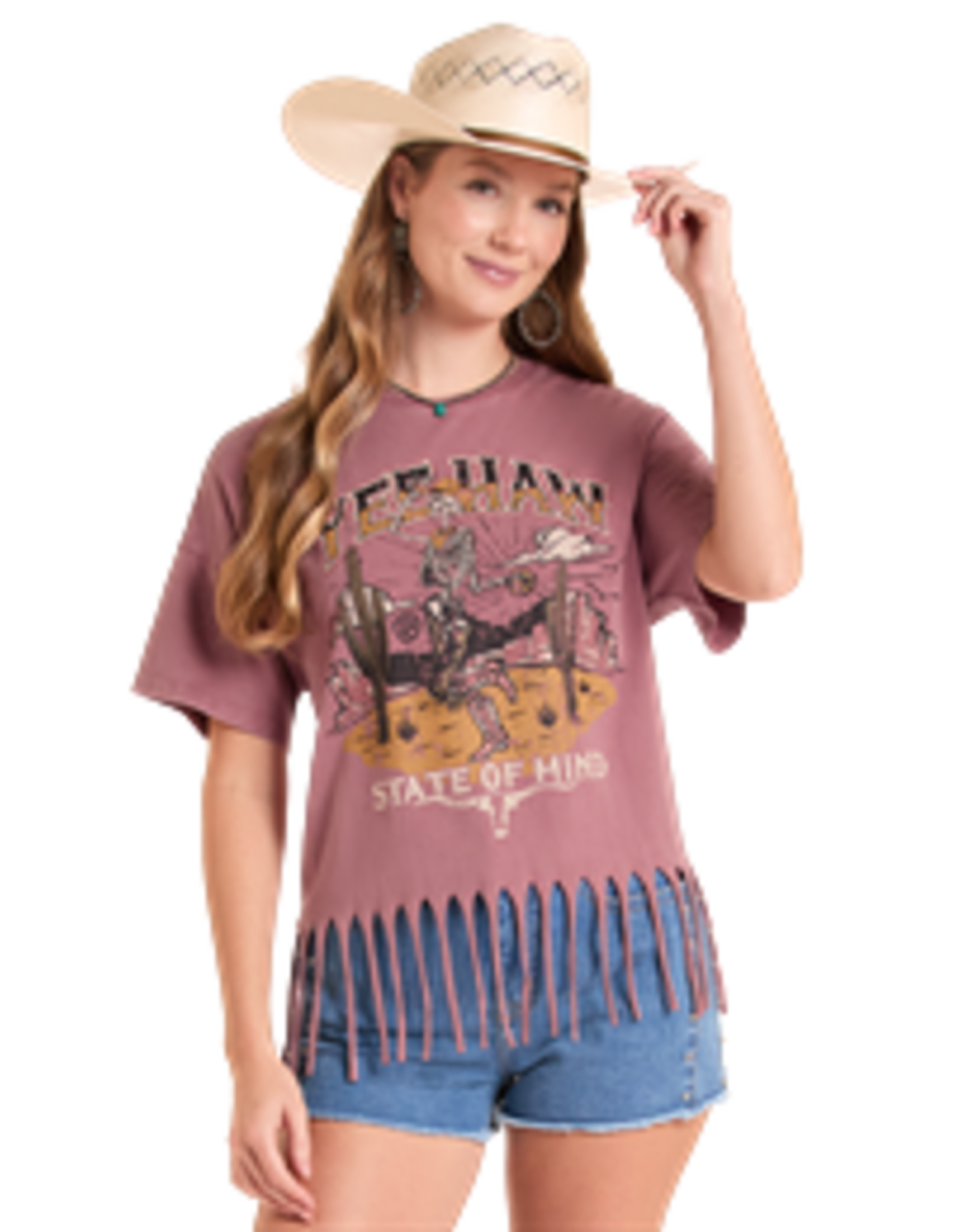 Rock & Roll Denim Graphic Fringe Top Brown