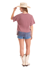 Rock & Roll Denim Graphic Fringe Top Brown