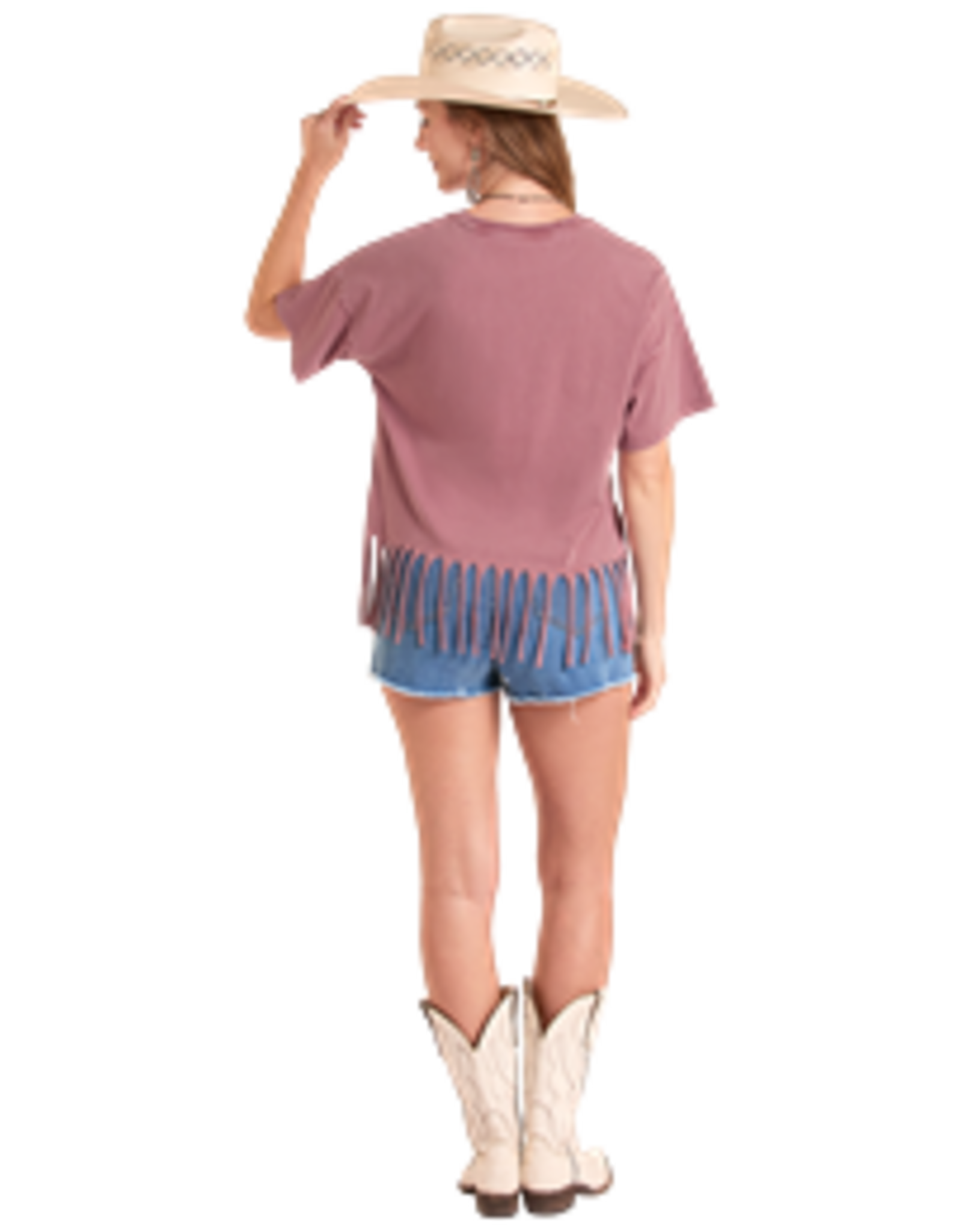 Rock & Roll Denim Graphic Fringe Top Brown