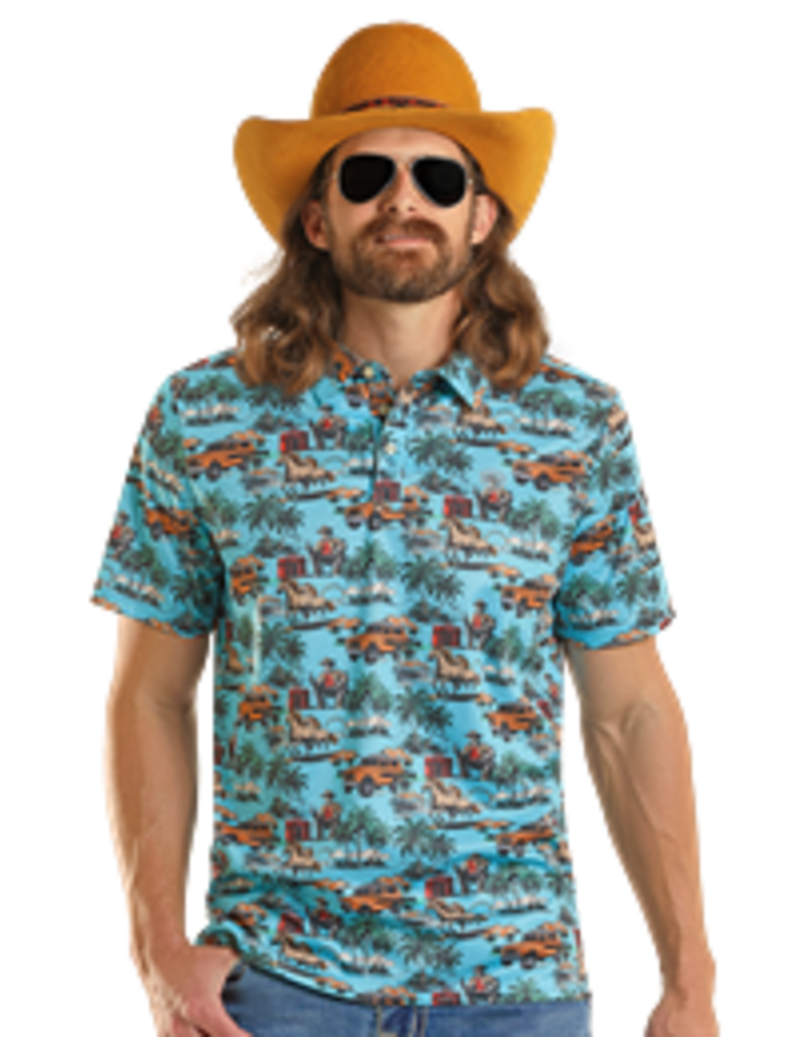 Rock & Roll Denim Novelty Printed Polo Bright Turquoise