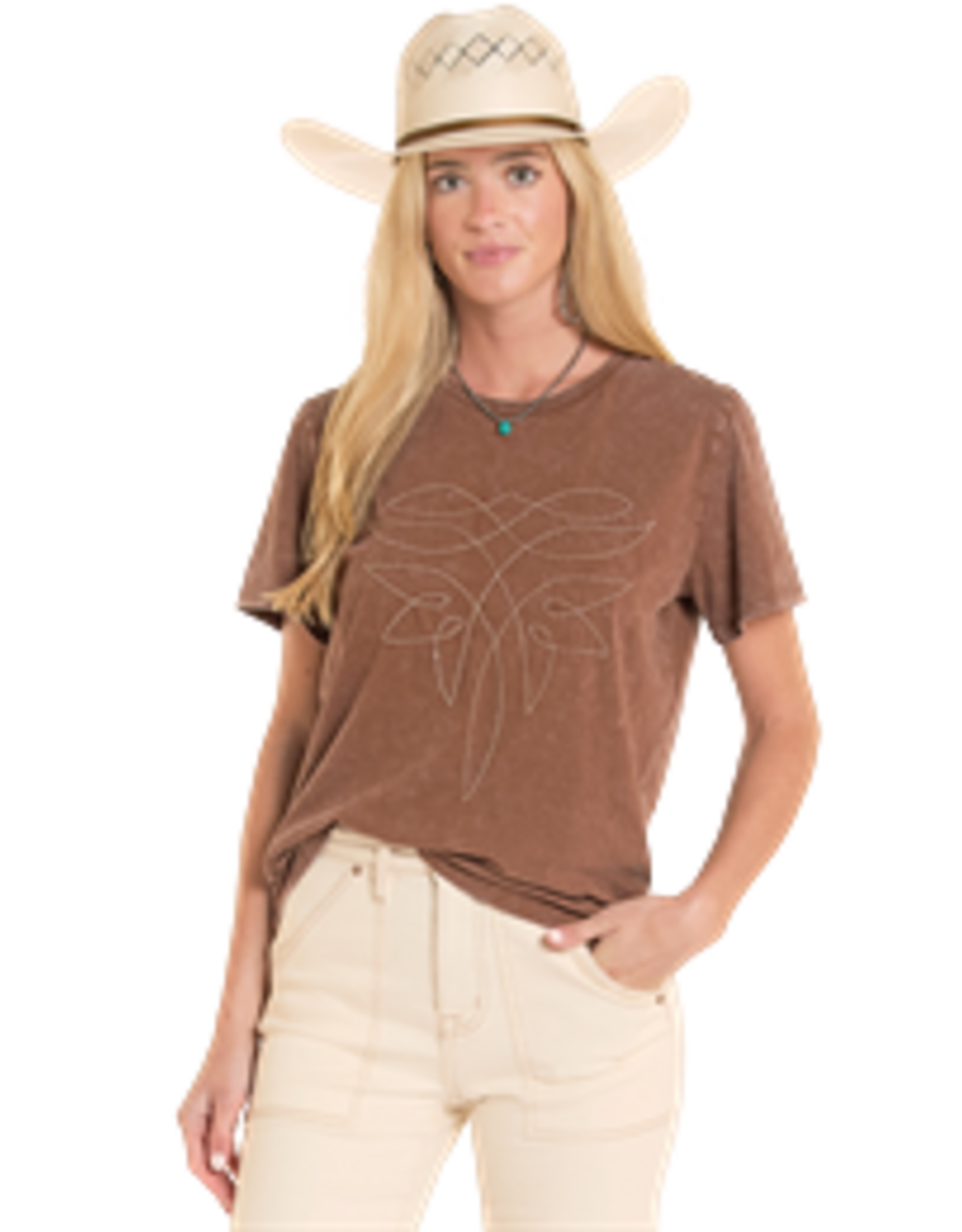 Rock & Roll Denim Boot Stitch T Shirt Mahogany