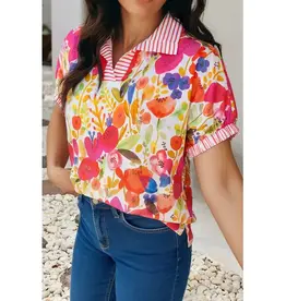 Trumi Striped Trim Floral Top
