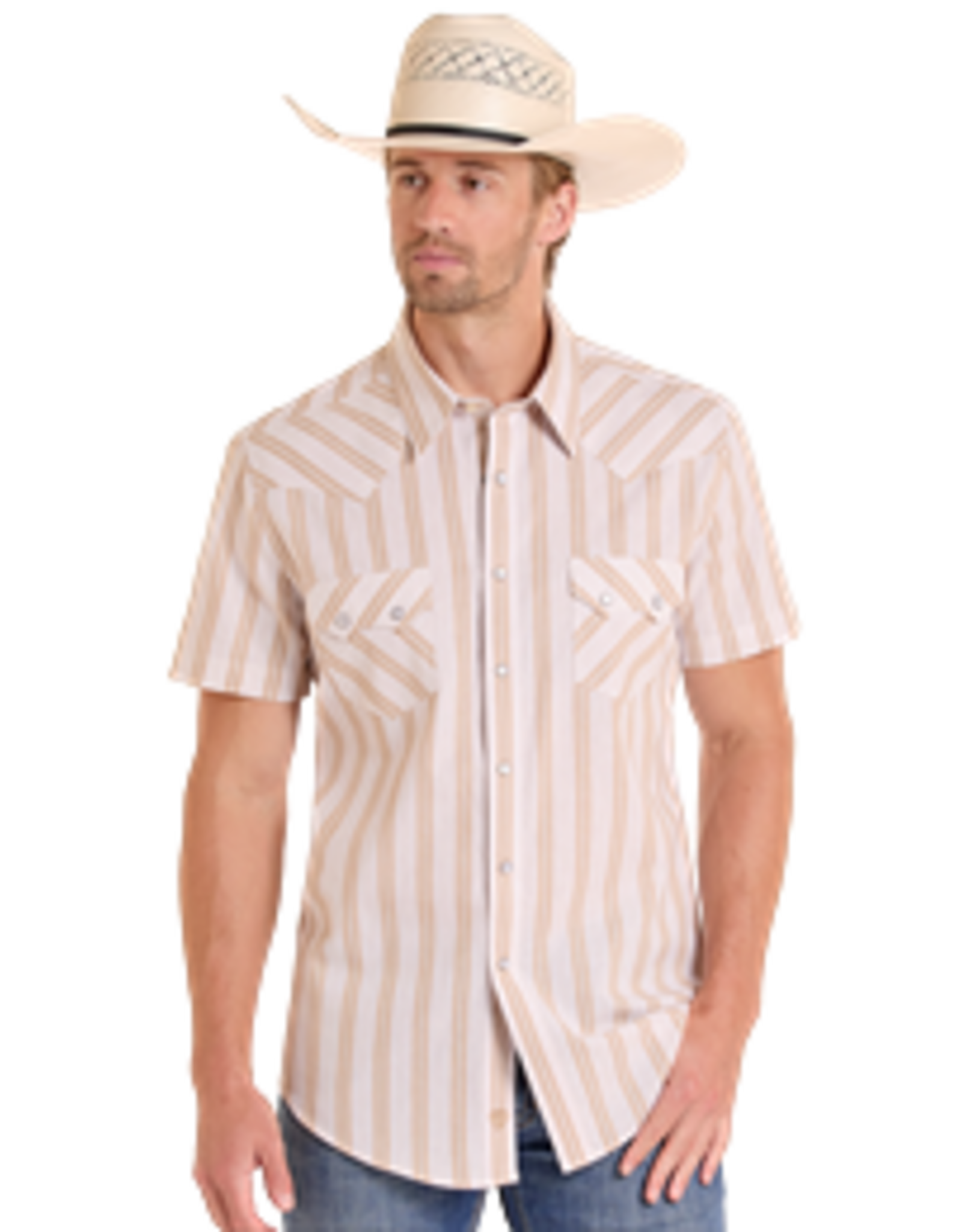 Rock & Roll Denim Yarn Dye Stripe Short Sleeve Snap Tan