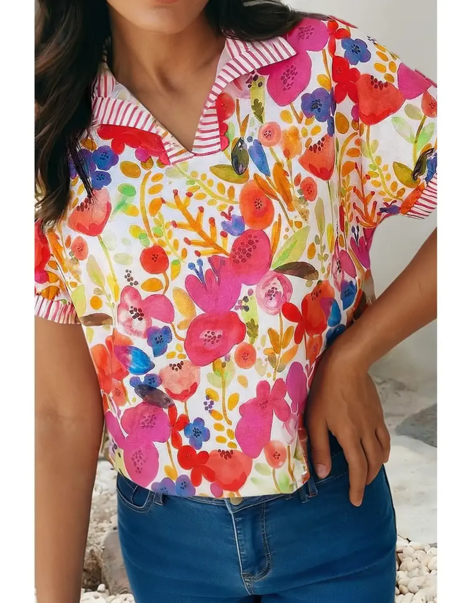 Trumi Striped Trim Floral Top