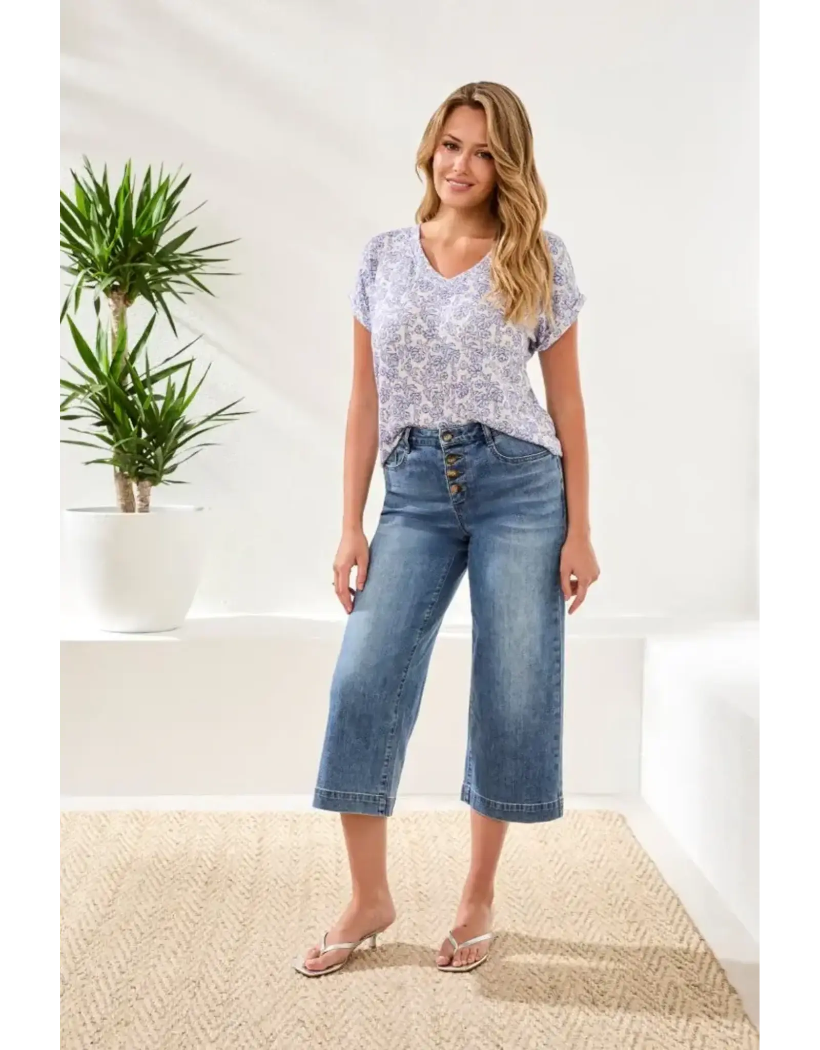 Tribal Tribal Audrey Button Fly Wide Crop Denim Jeans Pebble Blue