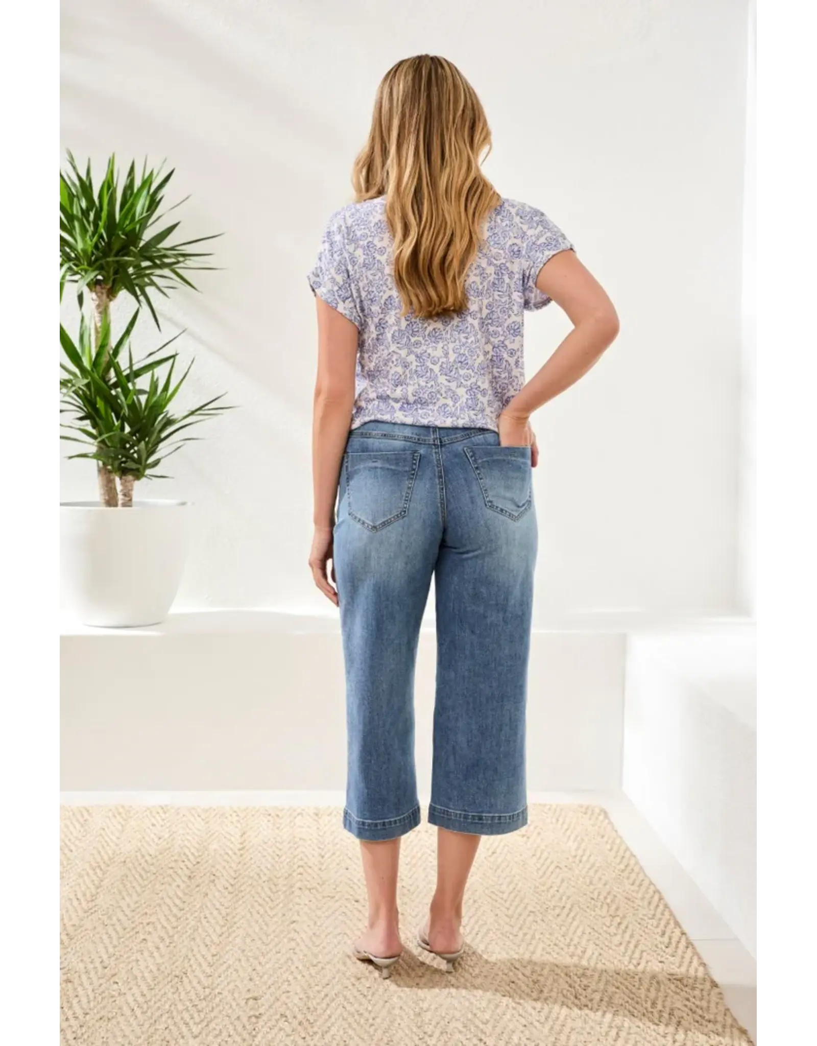 Tribal Tribal Audrey Button Fly Wide Crop Denim Jeans Pebble Blue