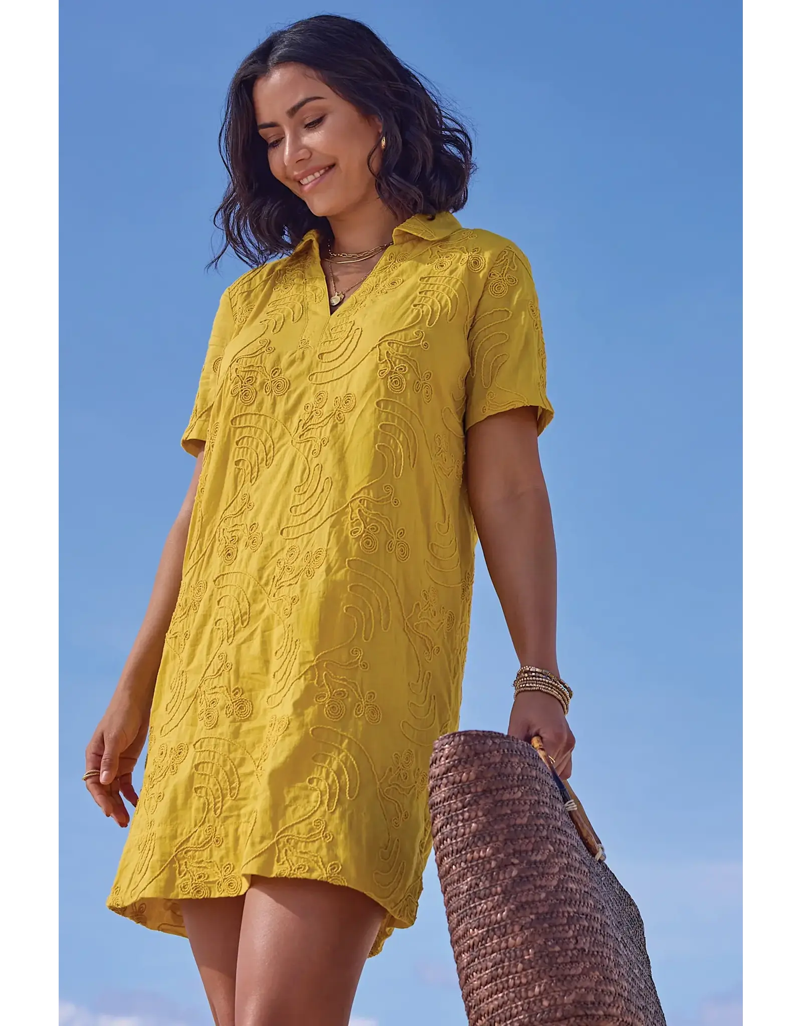 Tribal Tribal Elbos Sleeve V Neck Tunic Dress Lemon