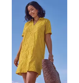 Tribal Tribal Elbos Sleeve V Neck Tunic Dress Lemon