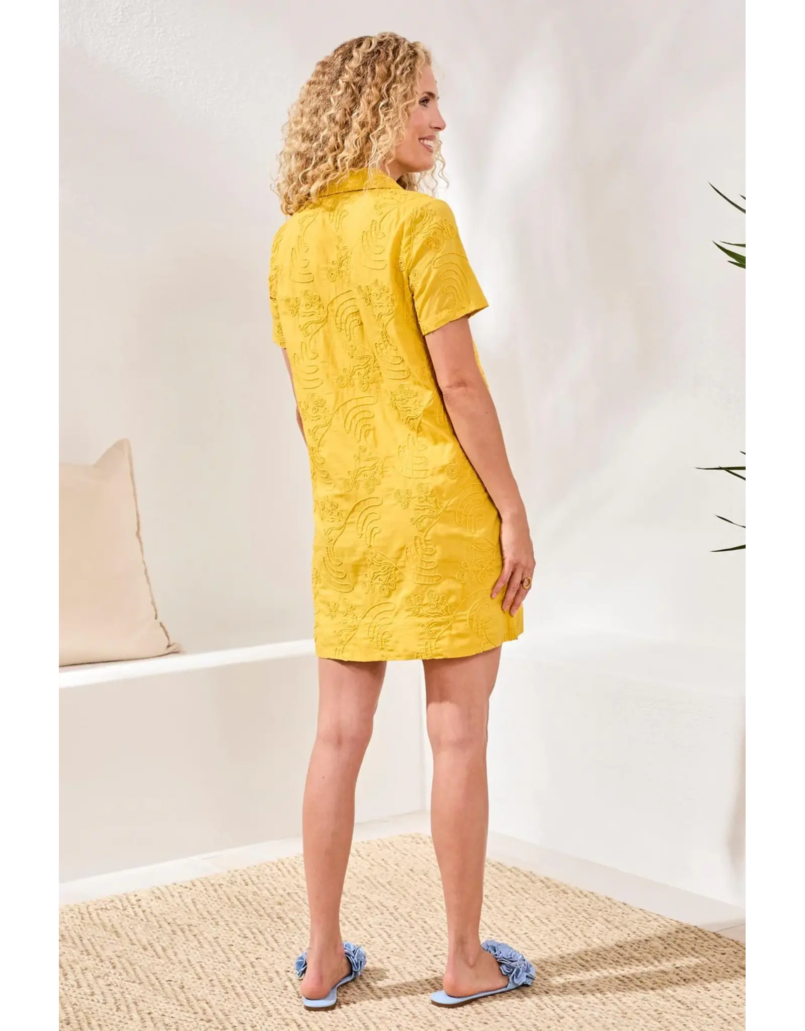 Tribal Tribal Elbos Sleeve V Neck Tunic Dress Lemon