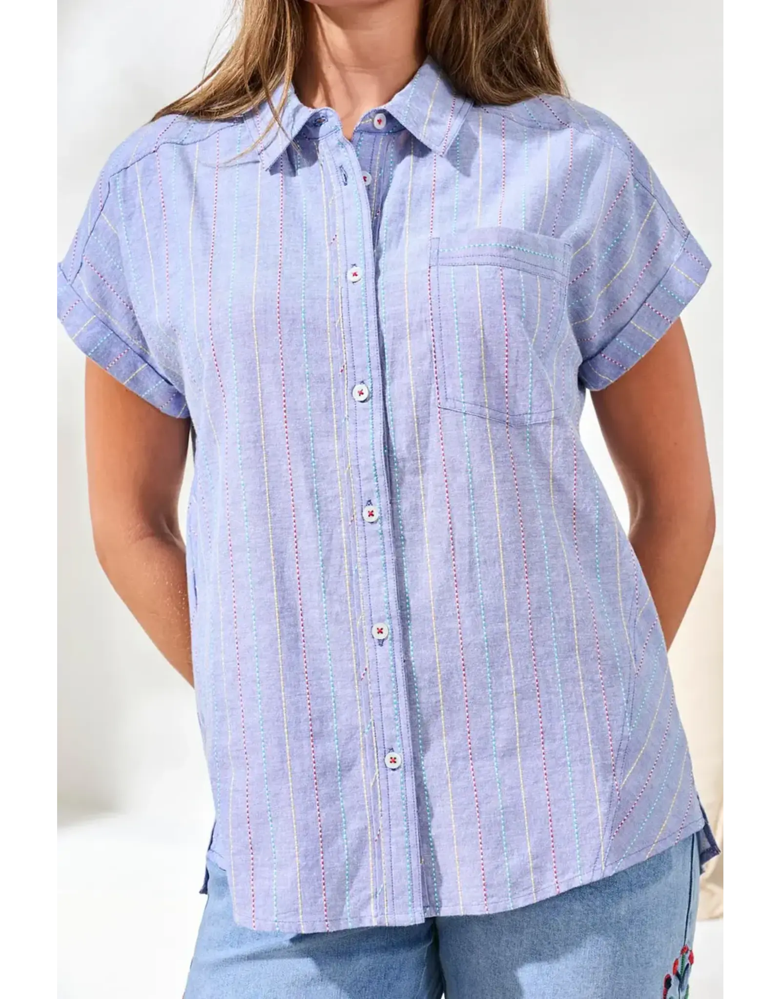 Tribal Tribal Cotton Cap Sleeve U-Hem Blouse Multi Blue