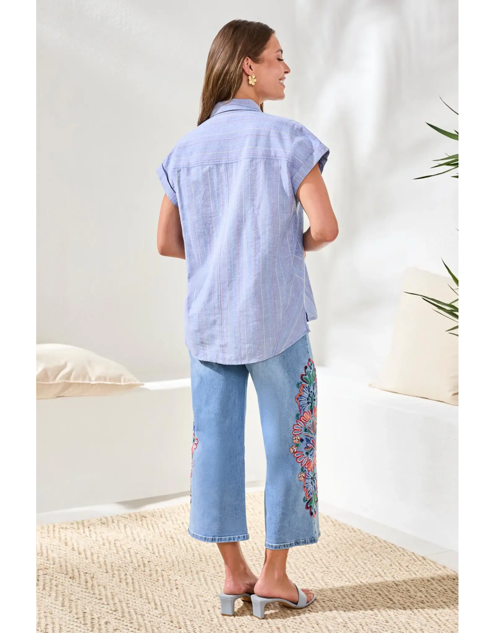 Tribal Tribal Cotton Cap Sleeve U-Hem Blouse Multi Blue