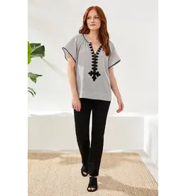 Tribal Tribal Flutter Sleeve Embroidered Detail Notch Neck Blouse Black