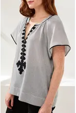 Tribal Tribal Flutter Sleeve Embroidered Detail Notch Neck Blouse Black