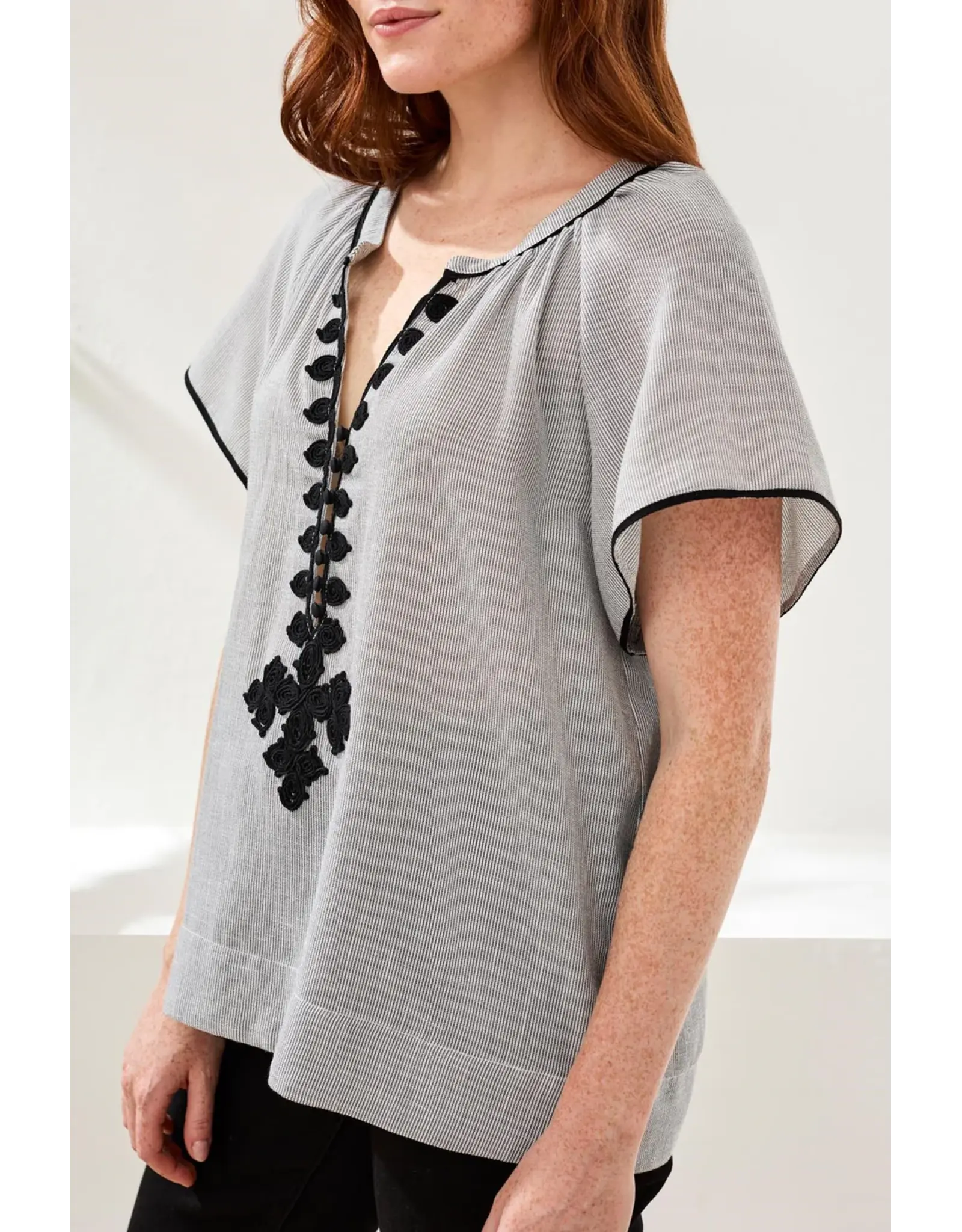 Tribal Tribal Flutter Sleeve Embroidered Detail Notch Neck Blouse Black