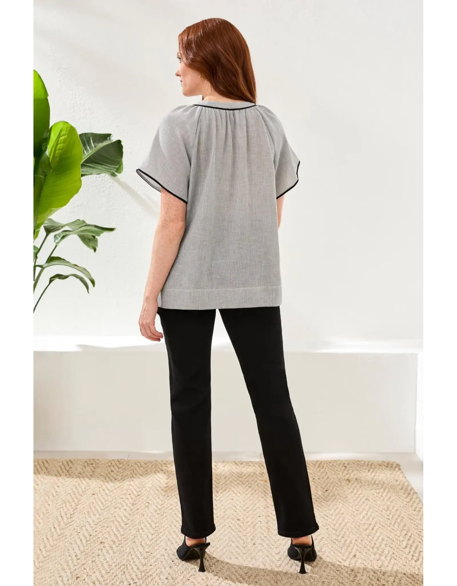 Tribal Tribal Flutter Sleeve Embroidered Detail Notch Neck Blouse Black