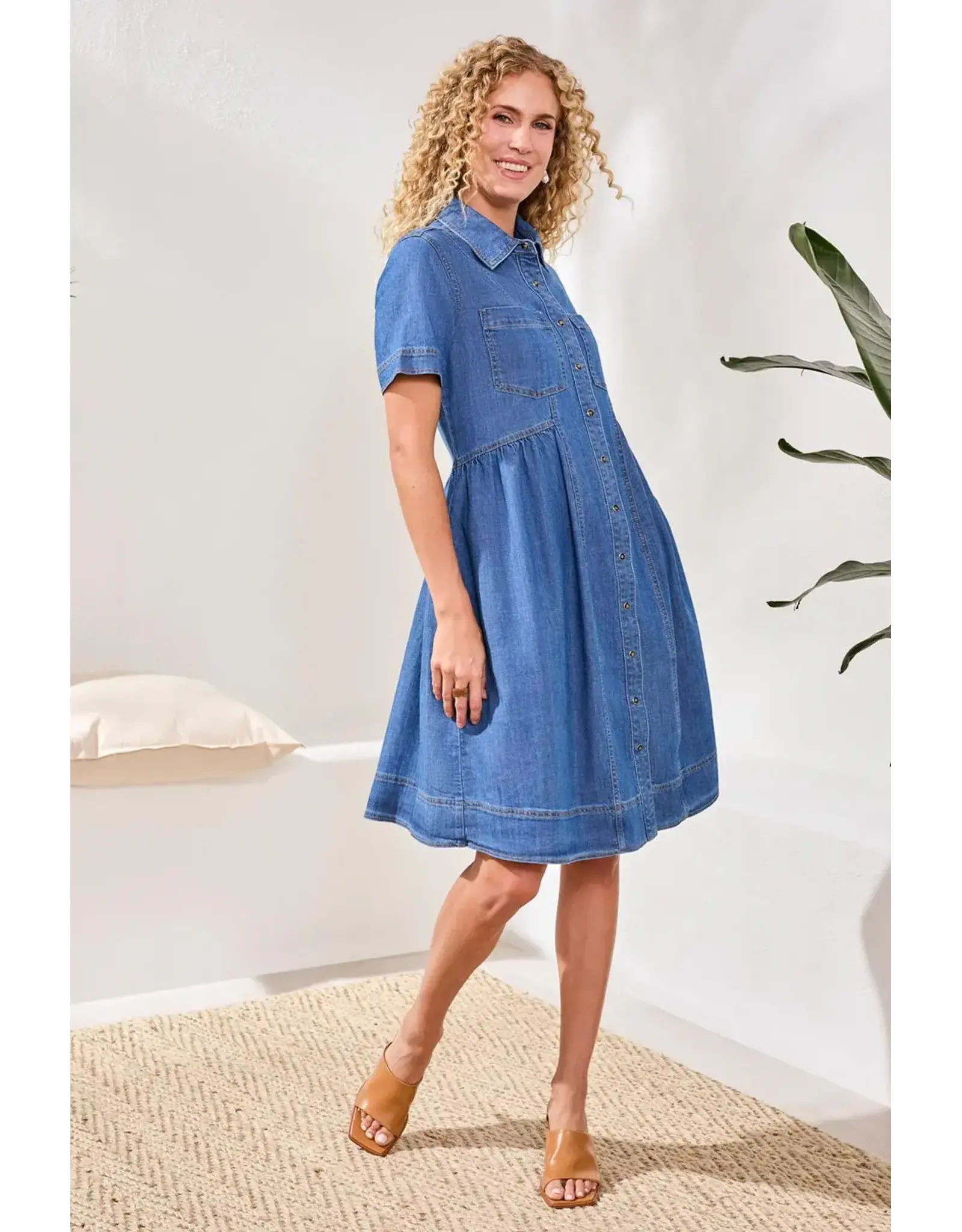 Tribal Tribal Button Down Flowy Denim Dress with Pockets Fjord Blue