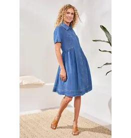 Tribal Tribal Button Down Flowy Denim Dress with Pockets Fjord Blue