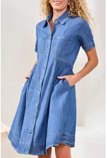 Tribal Tribal Button Down Flowy Denim Dress with Pockets Fjord Blue