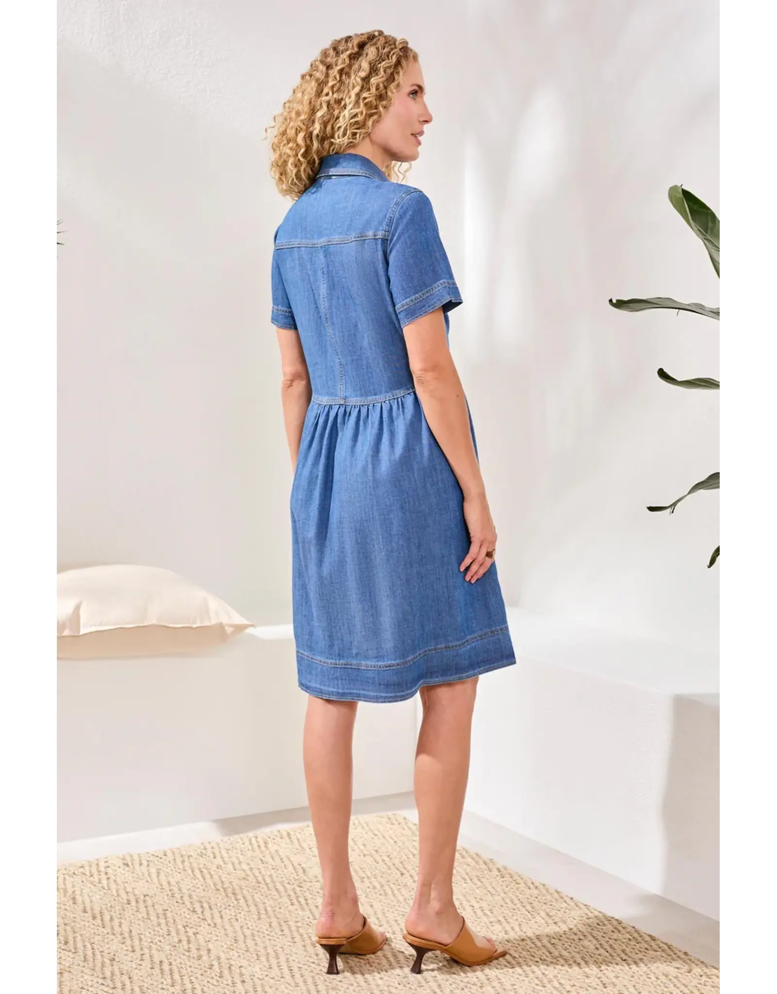 Tribal Tribal Button Down Flowy Denim Dress with Pockets Fjord Blue