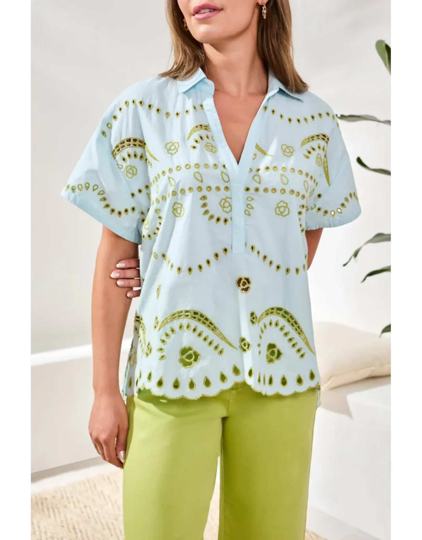 Tribal Tribal Embroidered Poplin Short Sleeve Light Aqua Sky