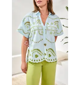 Tribal Tribal Embroidered Poplin Short Sleeve Light Aqua Sky