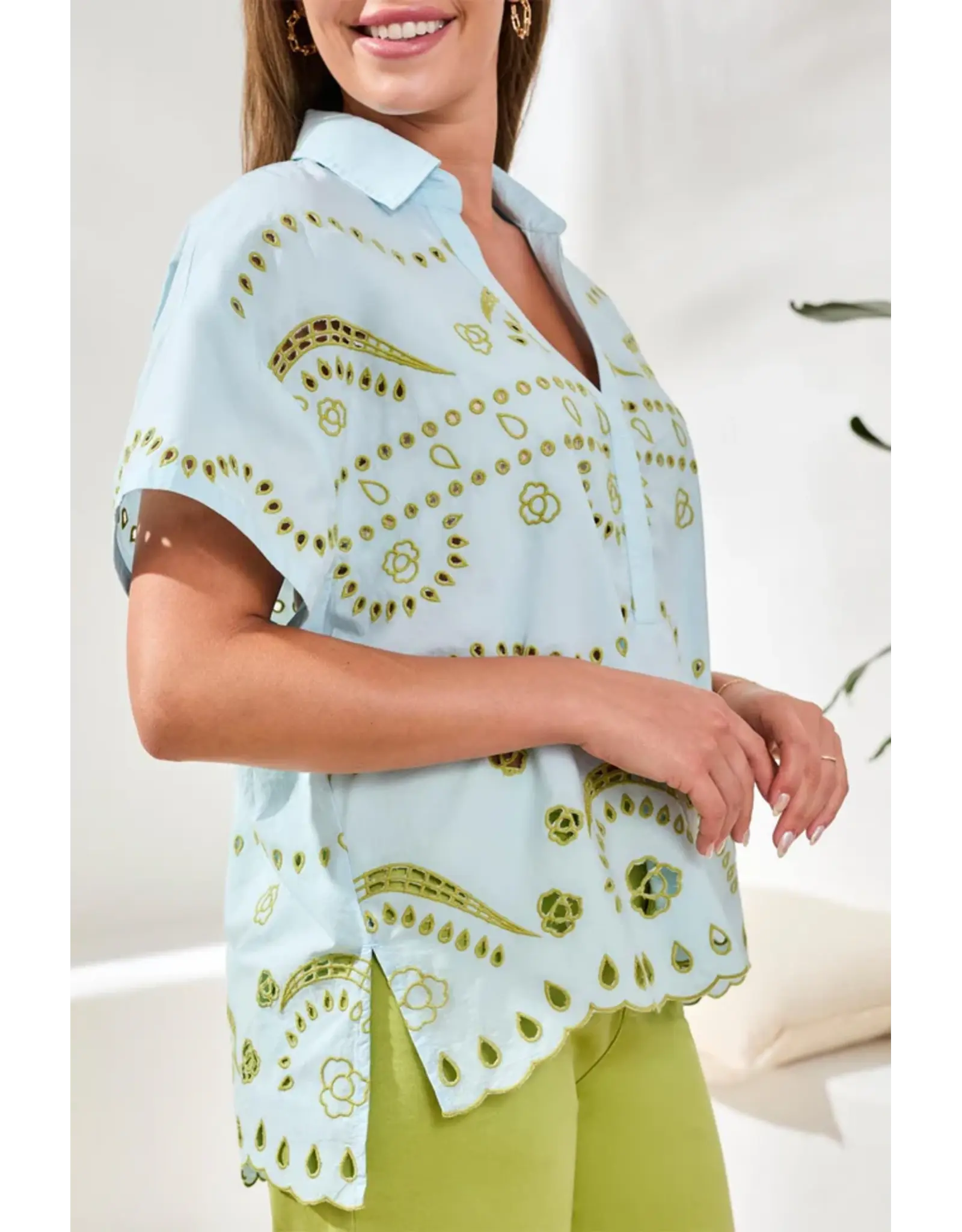 Tribal Tribal Embroidered Poplin Short Sleeve Light Aqua Sky