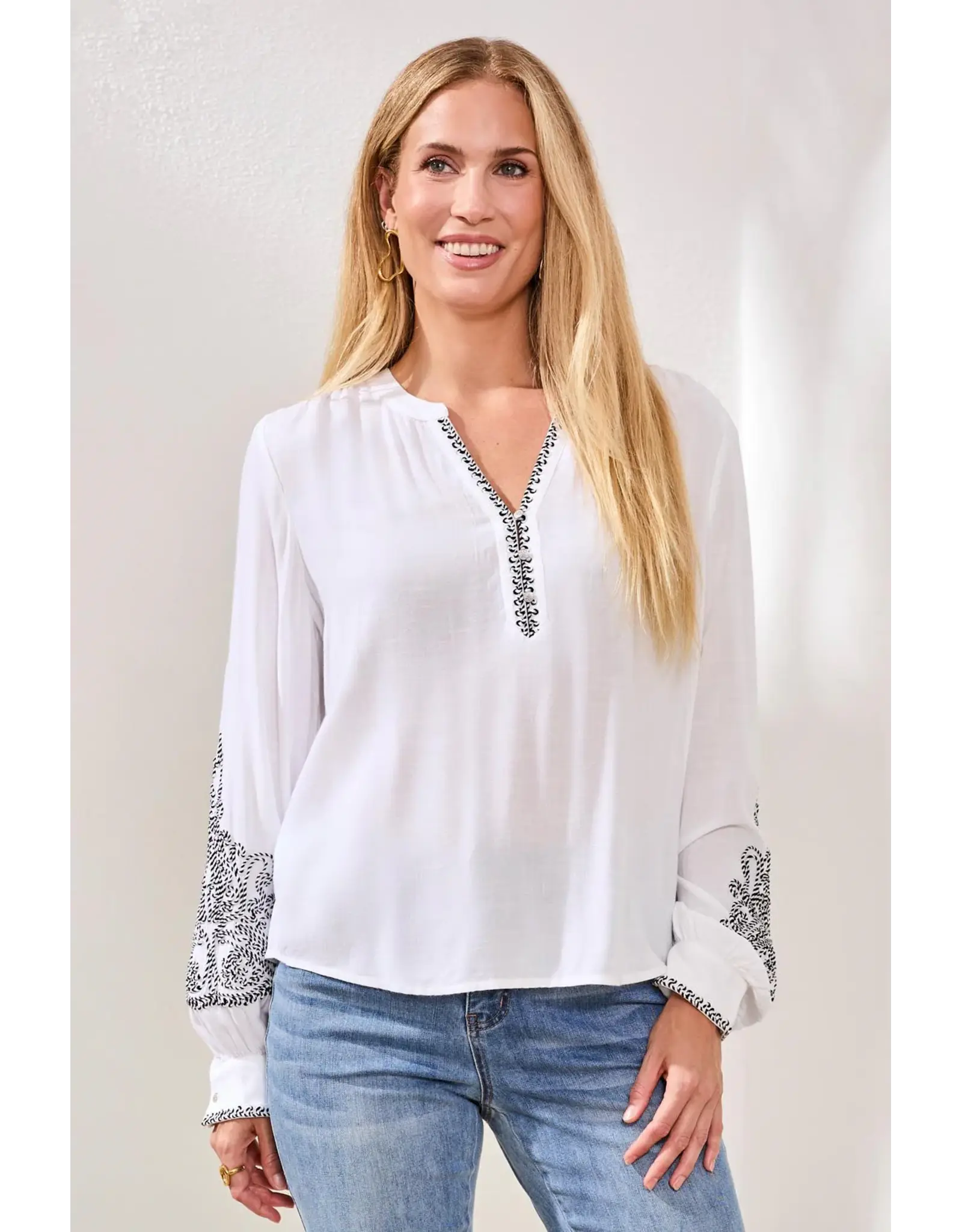 Tribal Tribal Viscose Notch Neck Embroidered Puff Sleeve Blouse