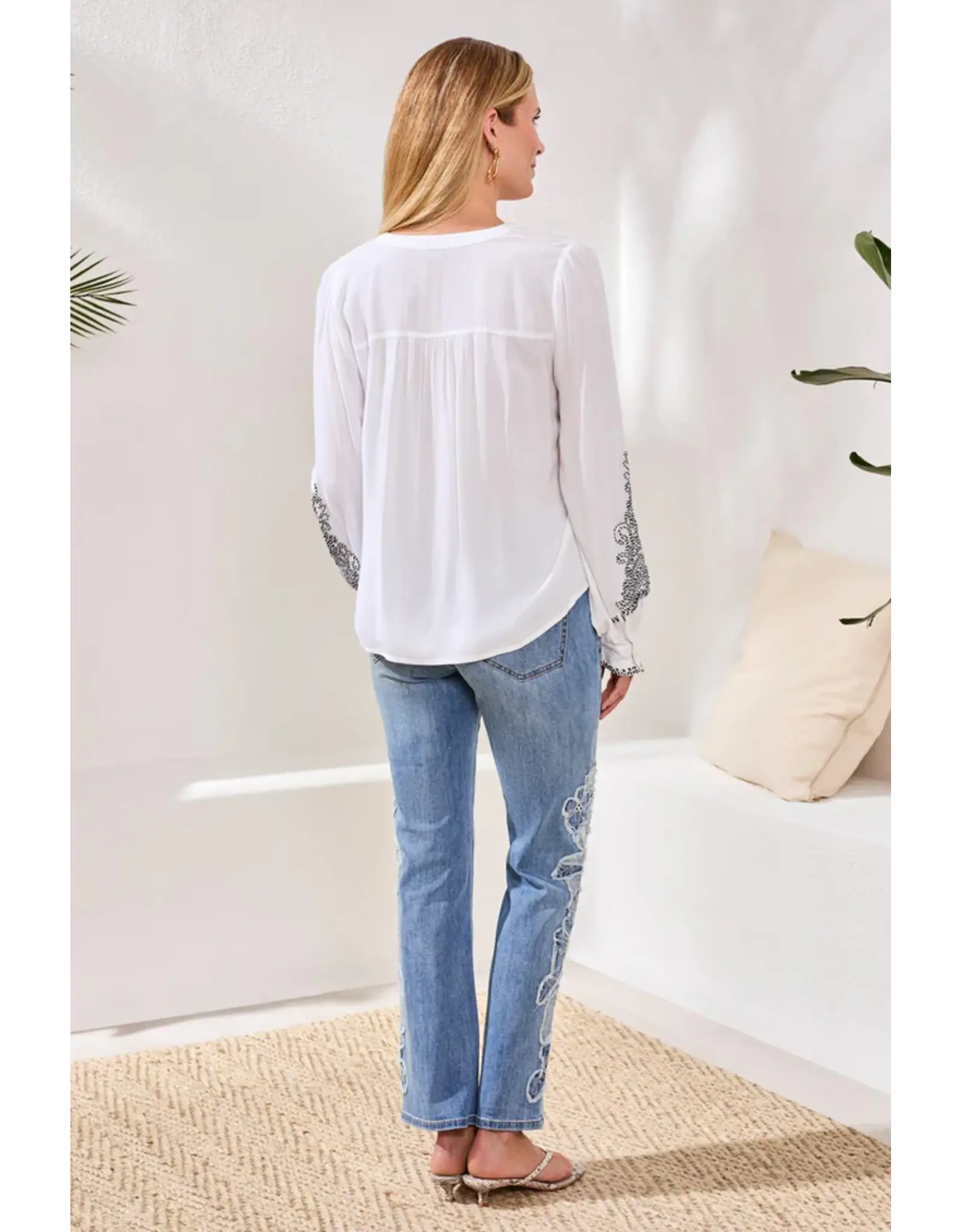 Tribal Tribal Viscose Notch Neck Embroidered Puff Sleeve Blouse