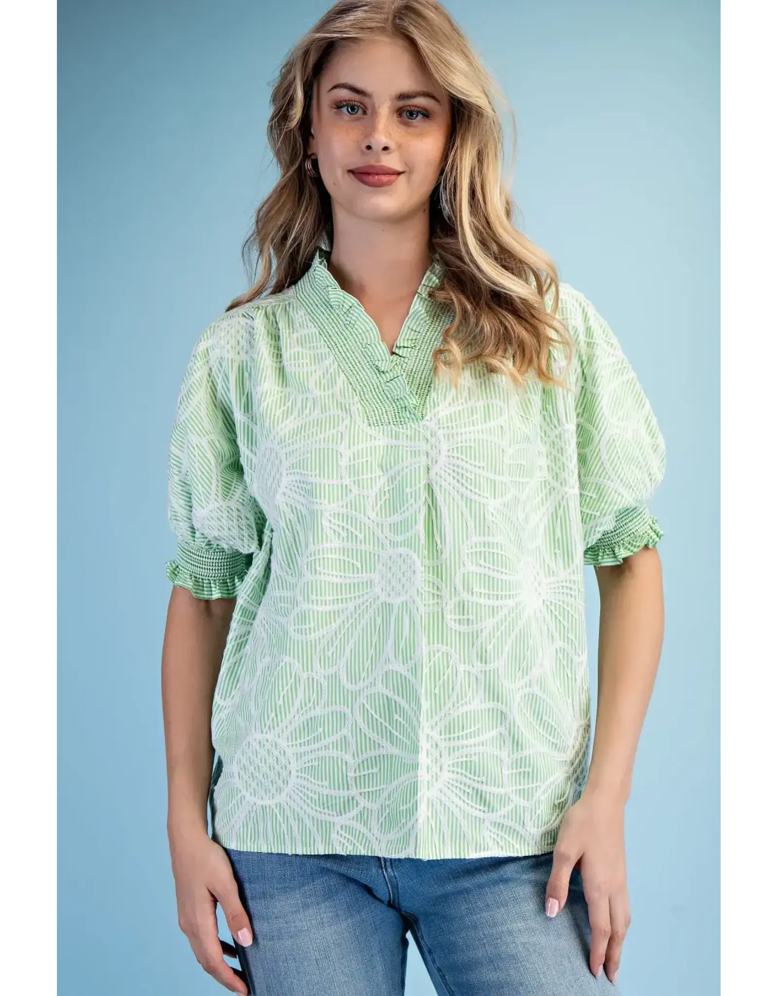 Lily Striped Embroidery Floral Top Apple Green