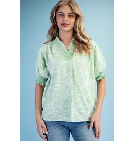 Lily Striped Embroidery Floral Top Apple Green