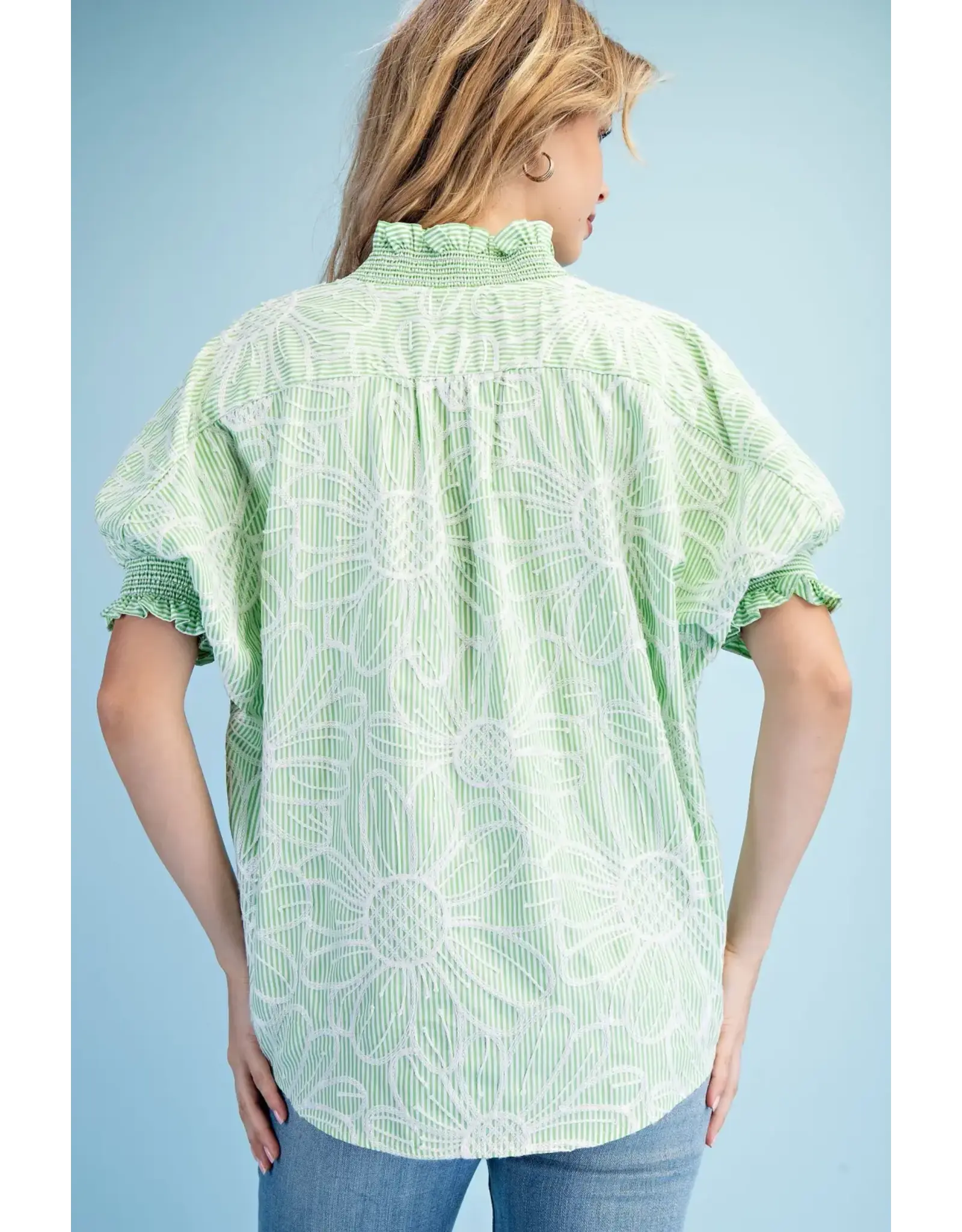 Lily Striped Embroidery Floral Top Apple Green