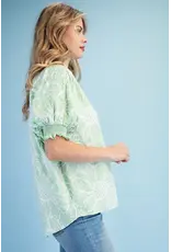 Lily Striped Embroidery Floral Top Apple Green